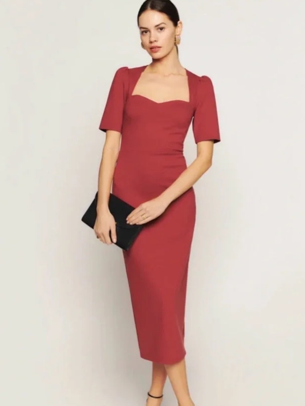 Reformation Slim Midi Dress with Sweetheart Neckline - Red